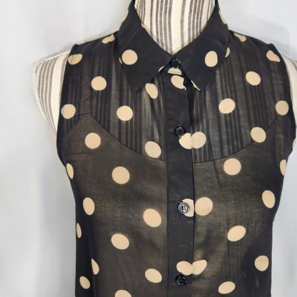 Sans Souci Black w/Tan Dots Button Down Collared Sleeveless Top Size Small - Picture 2 of 11
